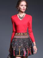 Shein Red V Neck Long Sleeve Drawstring Print Dress