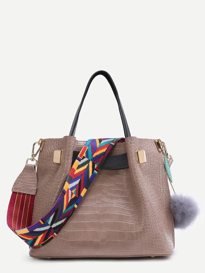 Shein Apricot Croc Embossed Faux Leather Wide Strap Tote Bag