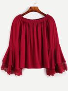 Shein Burgundy Boat Neck Bell Sleeve Crochet Trim Top