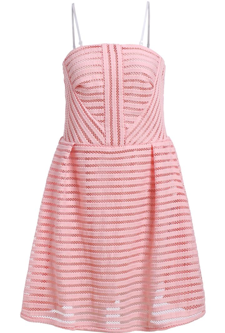 Shein Pink Strapless Hollow Striped Flare Dress