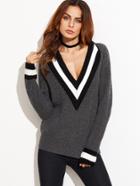 Shein Grey Striped Trim Deep V Neck Sweater
