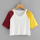Shein Contrast Sleeve Cut Out Neck Crop Tee