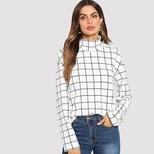 Shein High Neck Grid Print Blouse