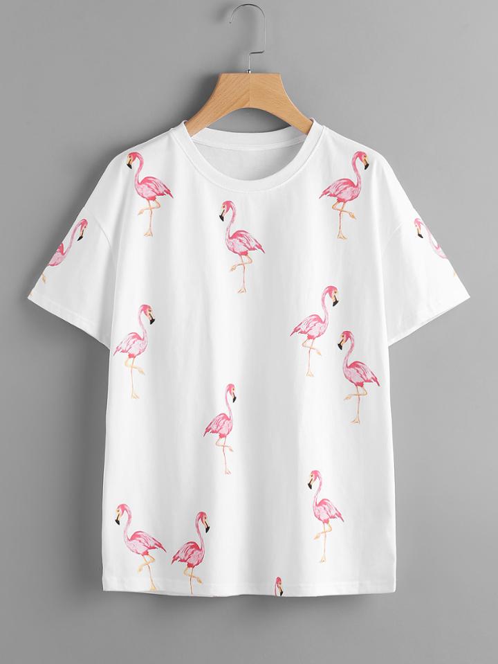 Shein Flamingo And Slogan Print Drop Shoulder Tee