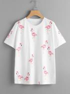 Shein Flamingo And Slogan Print Drop Shoulder Tee