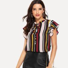 Shein Ruffle Sleeve Tie Neck Striped Blouse