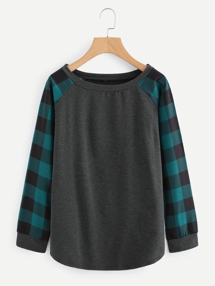Shein Contrast Checked Sleeve Sweatshirt