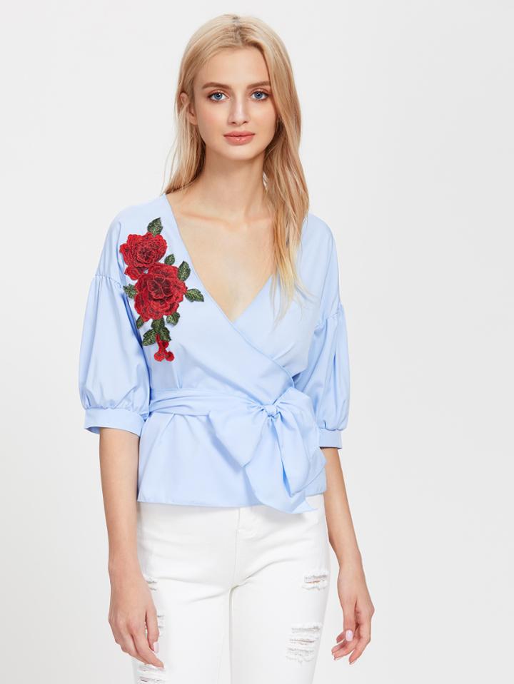 Shein 3d Embroidered Applique Lantern Sleeve Wrap Top