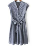 Shein Dark Grey Cap Sleeve V Neck Tie Waist Dress