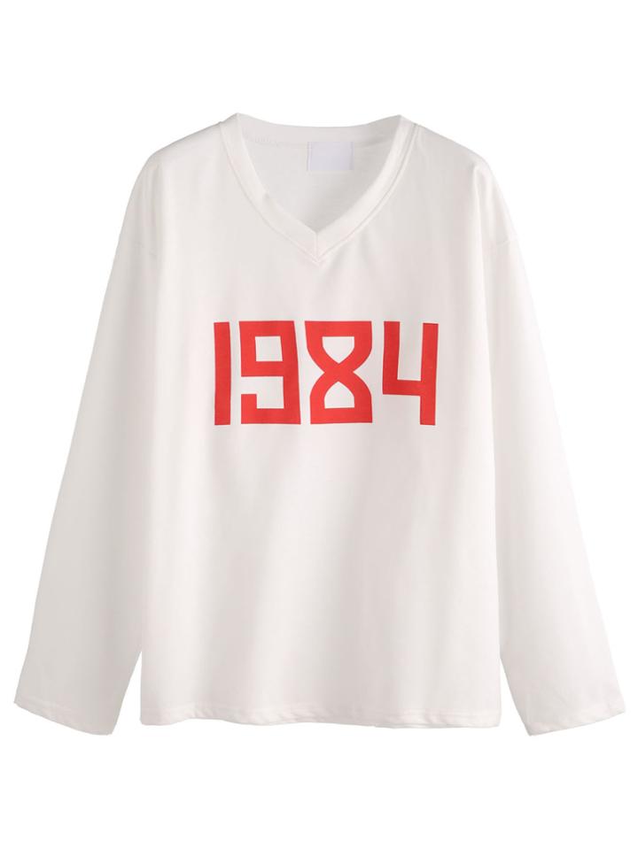 Shein White V Neck Number Print T-shirt