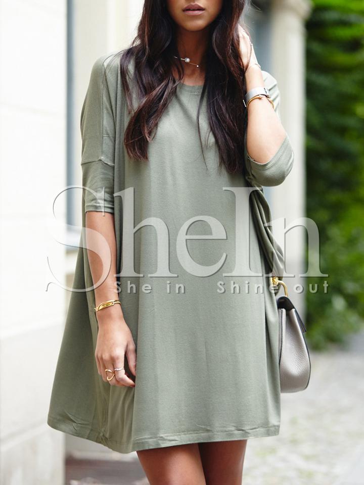 Shein Green Round Neck Casual Dress
