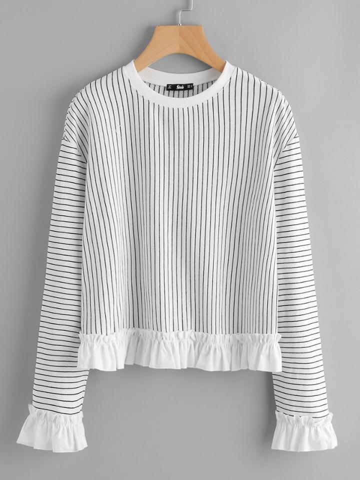 Shein Frill Trim Pinstripe Sweatshirt