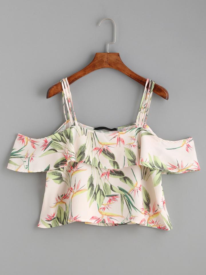 Shein Apricot Botanical Print Strappy Cold Shoulder Top