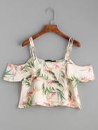 Shein Apricot Botanical Print Strappy Cold Shoulder Top