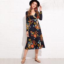 Shein Flower Print Contrast Binding Wrap Dress