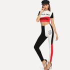 Shein Cut And Sew Letter Print Crop Top & Color Block Pants Set