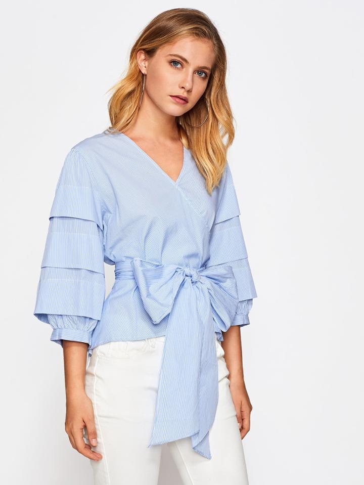 Shein Vertical Striped Tiered Sleeve Self Tie Top