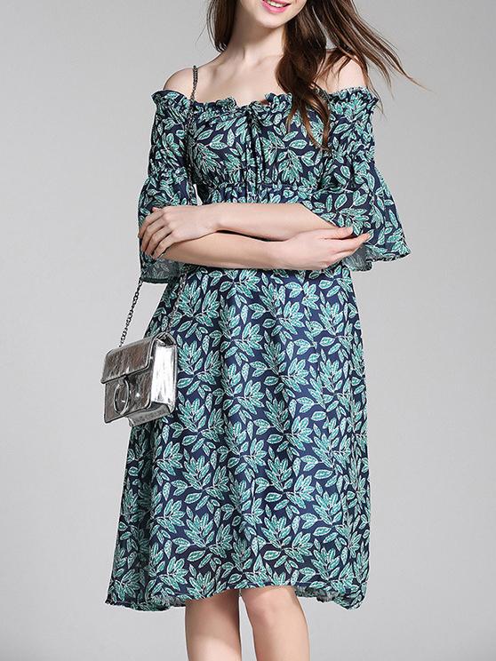 Shein Off Shoulder Bell Sleeve Leaves Print Dress