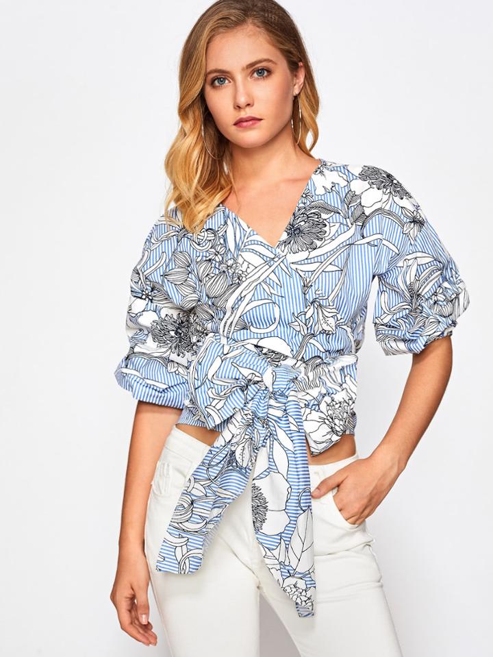 Shein Ruched Sleeve Cross Tie Front Top