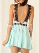 Shein Blue Suspenders Sleeveless With Lace Pleated Dress