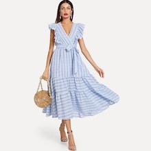 Shein Ruffle Trim Tired Striped Wrap Dress