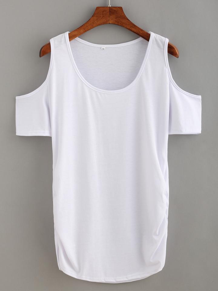 Shein Plain Open Shoulder T-shirt - White
