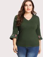 Shein Flower Embroidery Flounce Cuff Tee