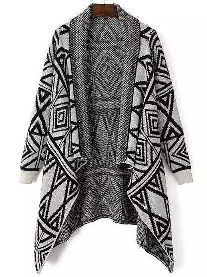 Shein Black Grey Geometric Print Vintage Knit Cape