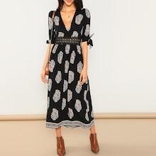 Shein Plunging Neck Knot Cuff Cut Out Waist Dress