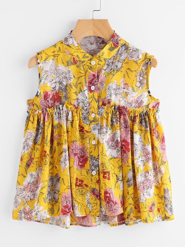 Shein Allover Florals Frill Trim Babydoll Blouse