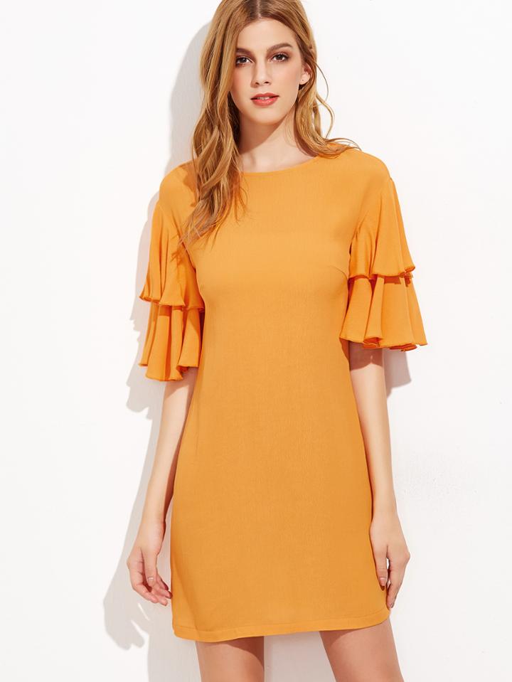 Shein Yellow Keyhole Tie Back Layered Flutter Sleeve Dress