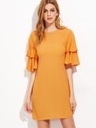 Shein Yellow Keyhole Tie Back Layered Flutter Sleeve Dress