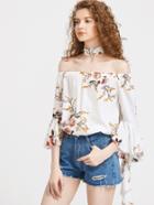 Shein Florals Flare Sleeve Bardot Top With Choker