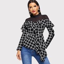 Shein Contrast Mesh Ruffle Trim Plaid Blouse