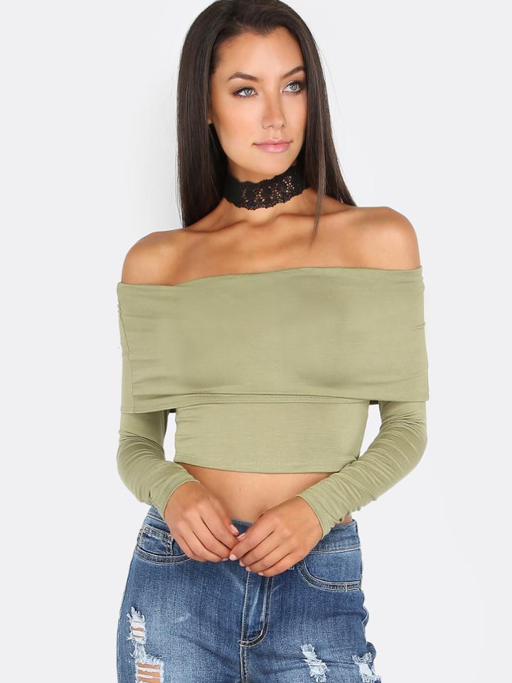 Shein Overlay Open Shoulder Crop Top Olive
