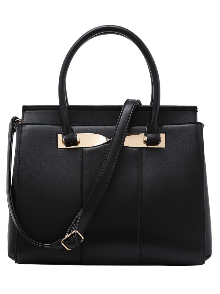Shein Twist Metal Plate Embellished Structured Tote Bag - Black