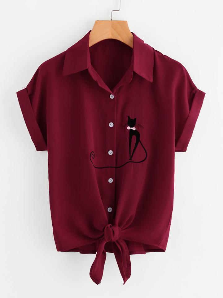 Shein Cat Embroidered Knotted Hem Cuffed Shirt