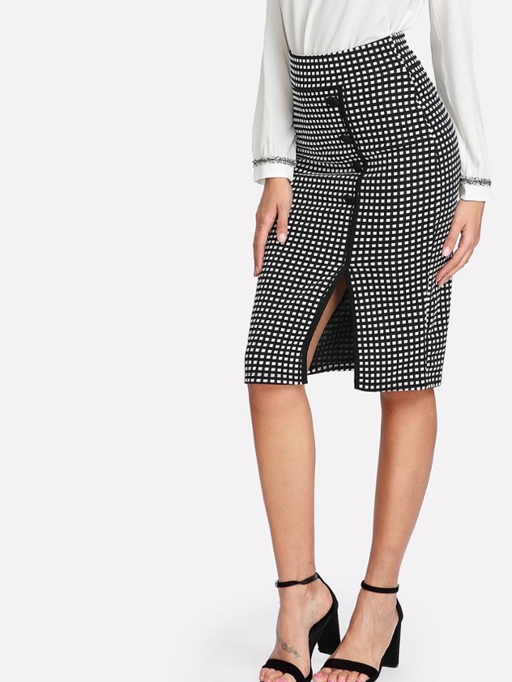 Shein Split Front Gingham Button Skirt