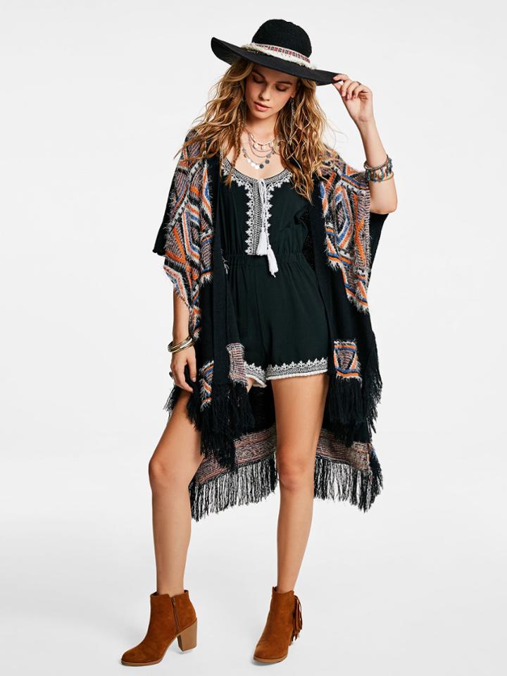 Shein Fringe Hem Geo Open Front Shawl Sweater