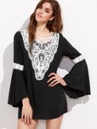 Shein Black Bell Sleeve Contrast Crochet Trim Dress