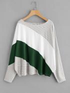 Shein Cut And Sew Striped Panel Batwing Tee