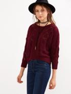 Shein Burgundy Eyelet Cable Knit Sweater