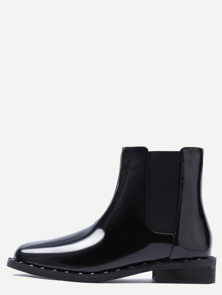 Shein Black Patent Leather Point Toe Studded Chelsea Boots