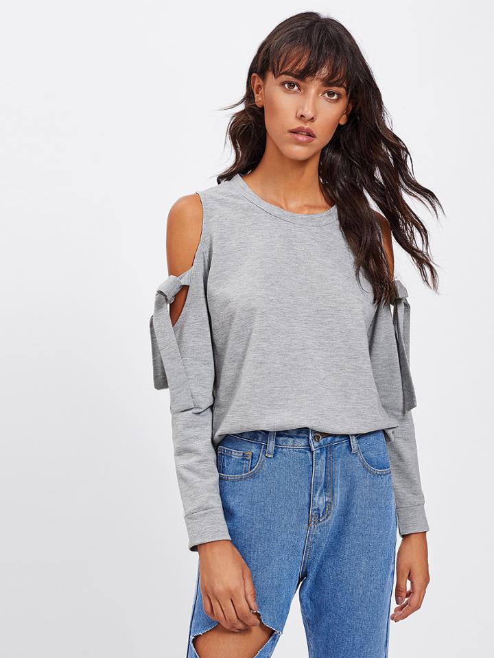 Shein Open Shoulder Tie Detail Marled Sweatshirt