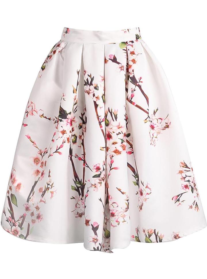 Shein White Floral Pleated Skirt