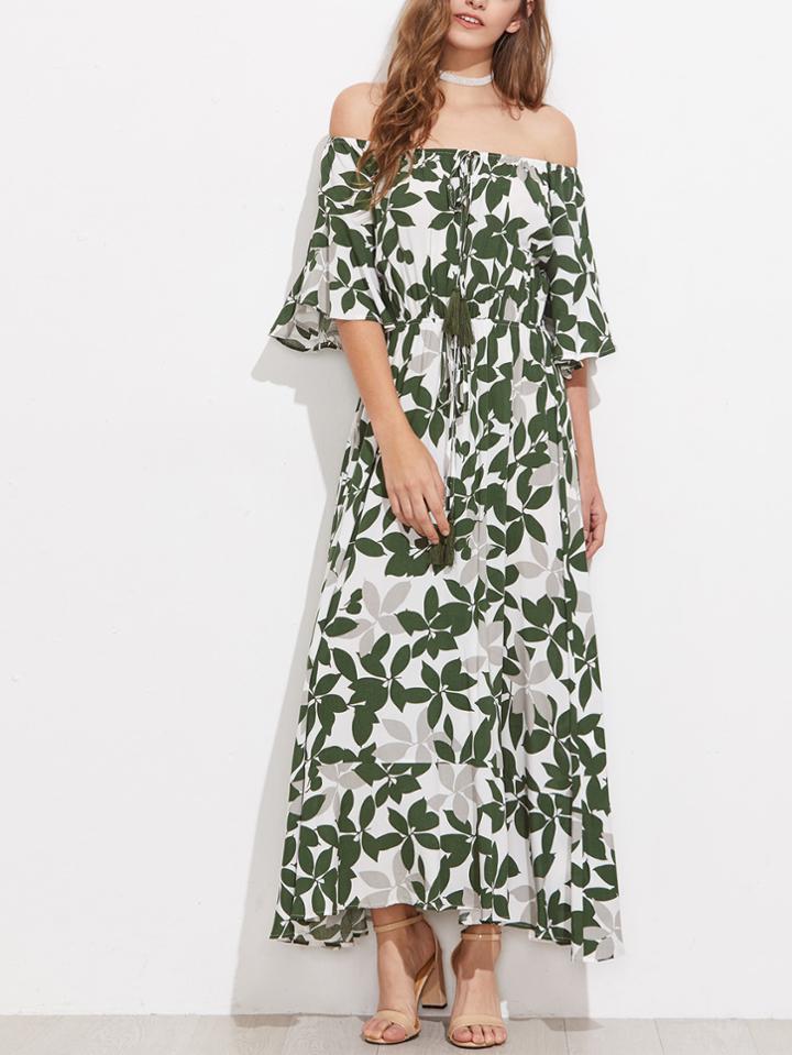 Shein Tasseled Tie Fluted Sleeve Bardot Dress