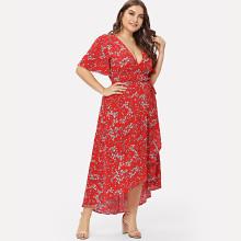 Shein Plus Flutter Sleeve Overlap Hem Floral Dress