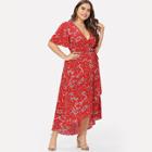 Shein Plus Flutter Sleeve Overlap Hem Floral Dress