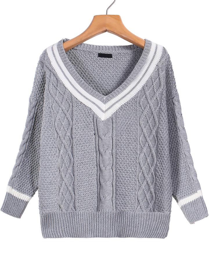 Shein Grey V Neck Cable Knit Sweater