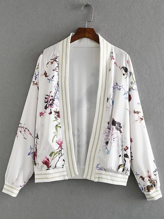 Shein White Long Sleeve Cardigan Print Jacket